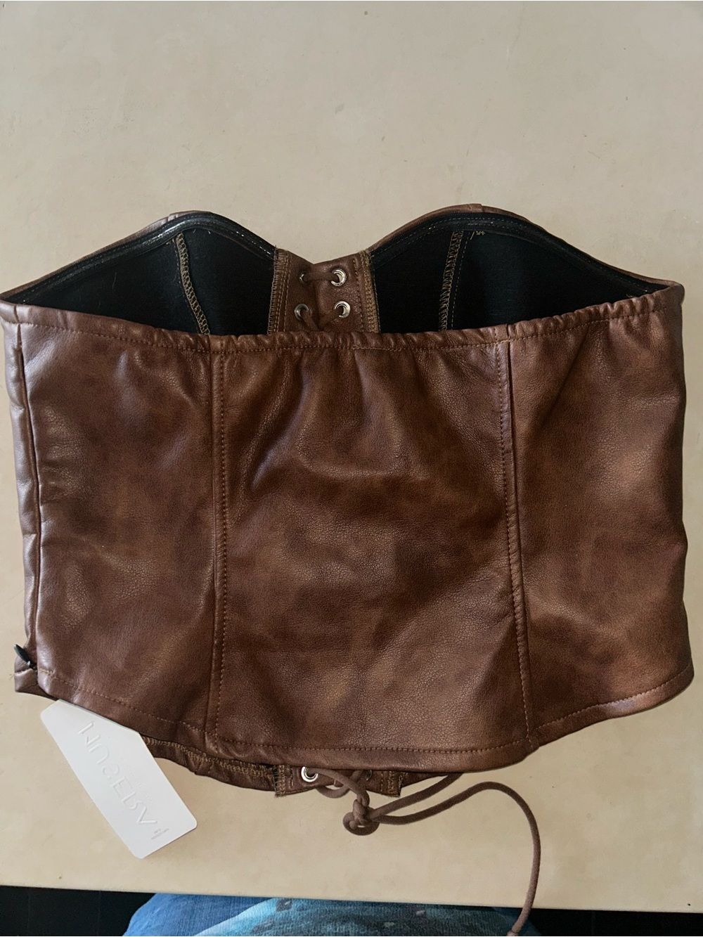 NWT Brown Faux Leather Lace-Up Corset Crop Top bustier L western shirt - Picture 4 of 5